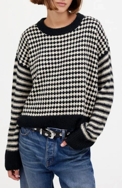 Madewell Mixed Stripe Raglan Pullover Sweater In Black Ecru Combo