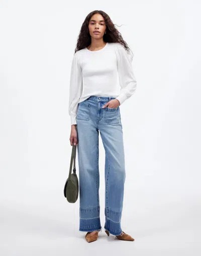 Madewell Nu768 Top Womens White Cotton Ribbed Puff Sleeve Crew Neck Red101