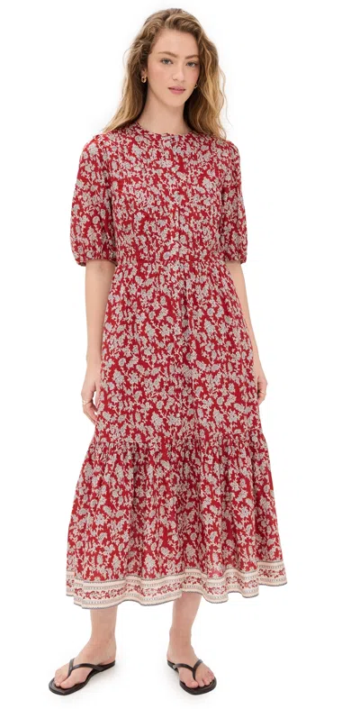 Madewell Pintucked Puff Sleeve Midi Dress Paisley Floral Border Ground In Ground Madder
