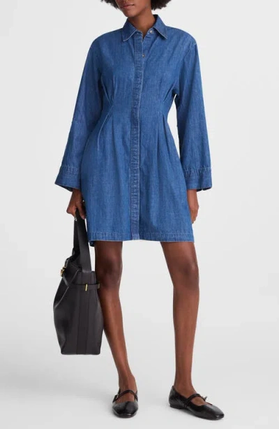 Madewell Pleated Denim Mini Shirtdress In Blue