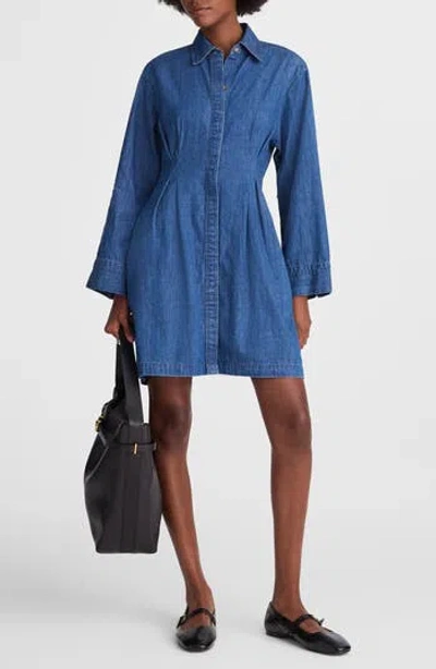 Madewell Pleated Denim Mini Shirtdress In Blue