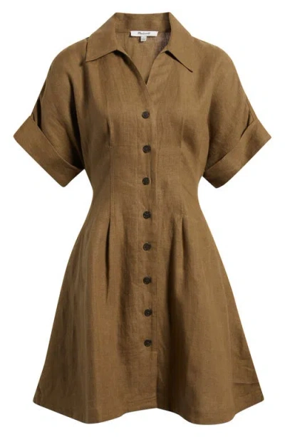 Madewell Pleated Linen Mini Shirtdress In Brown