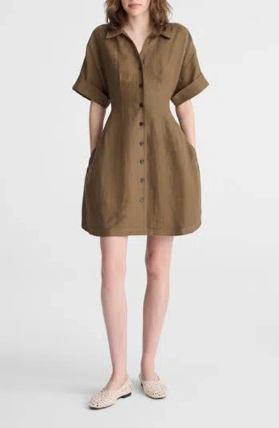 Madewell Pleated Linen Mini Shirtdress In Safari Khaki