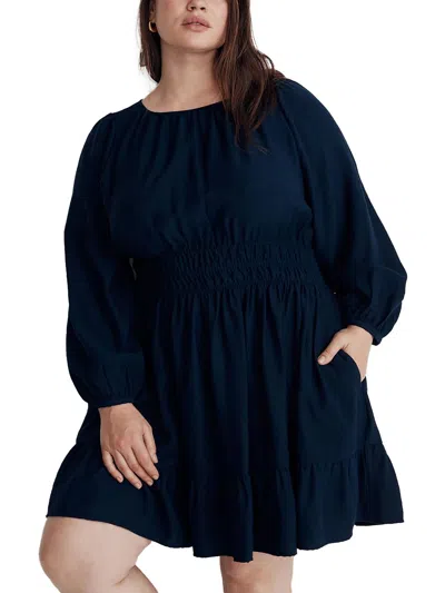 Madewell Plus Womens Open Back Shirred Mini Dress In Blue