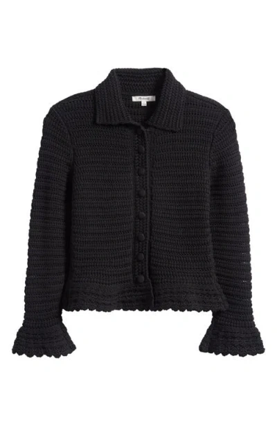 Madewell Pointelle Knit Peplum Cotton Cardigan In Black