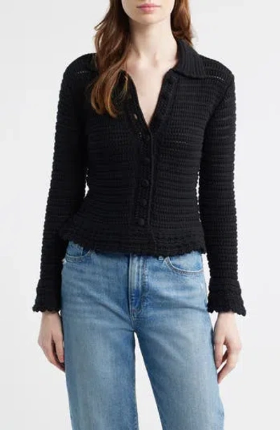 Madewell Pointelle Knit Peplum Cotton Cardigan In Black