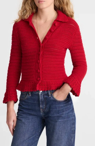 Madewell Pointelle Knit Peplum Cotton Cardigan In Red