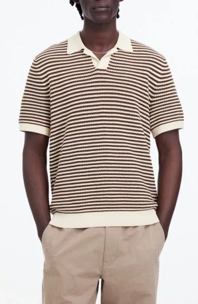 Madewell Pointelle Stitch Single Button Sweater Polo In Burnished Brown