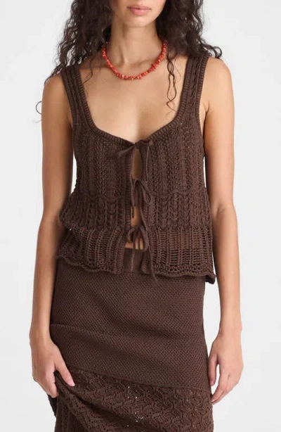 Madewell Pointelle Stitch Tie Front Cotton Sweater Tank In Brown