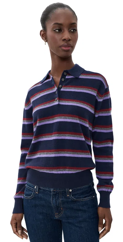 Madewell Polo Sweater In Soft Wool Navy And Merlot Multi Stripe In Blue
