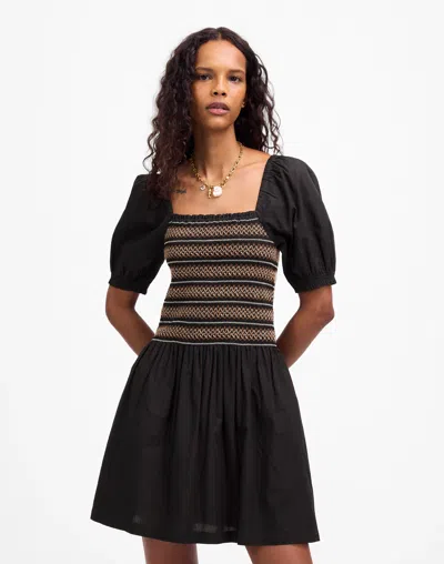 Madewell Poplin Puff-sleeve Mini Dress In Black
