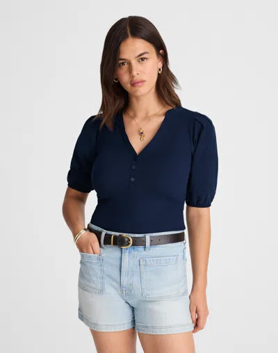 Madewell Puff-sleeve Henley Knit Top In Blue