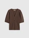 Madewell Puff-sleeve Henley Knit Top In Brown