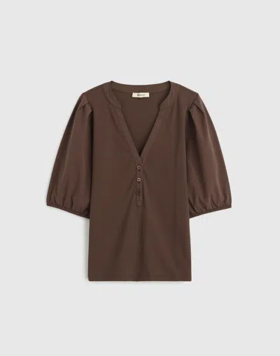 Madewell Puff-sleeve Henley Knit Top In Brown