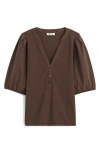 Madewell Puff-sleeve Henley Knit Top In Brown