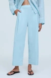 Madewell Pull-on Crop Straight Leg Linen Pants In Blue Heron