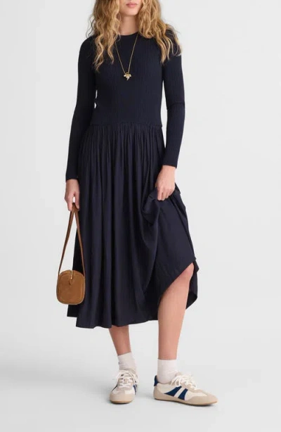Madewell Rib Mixed Media Long Sleeve Midi Dress In Blue