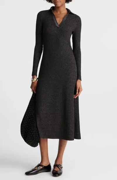 Madewell Ribbed Y-neck Polo Maxi Dress In Lurex Black