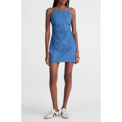 Madewell Ruched Square Neck Denim Minidress In Blue