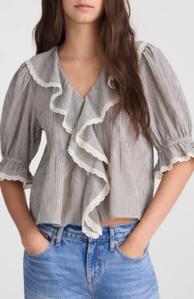 Madewell Ruffled Puff Sleeve Cotton Button-up Shirt In Gray