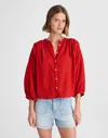 Madewell Shirred Crewneck Button-up Top In Red