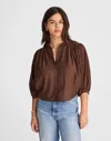 Madewell Shirred Crewneck Button-up Top In Brown
