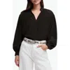 Madewell Shirred Long Sleeve Silk Top In Black