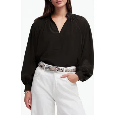 Madewell Shirred Long Sleeve Silk Top In Black