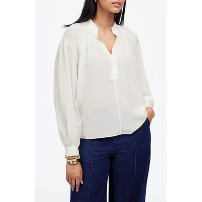 Madewell Shirred Long Sleeve Silk Top In White
