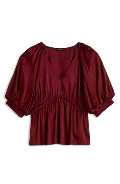 Madewell Shirred Puff Sleeve Satin Top In Cabernet