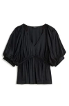 Madewell Shirred Puff Sleeve Satin Top In True Black