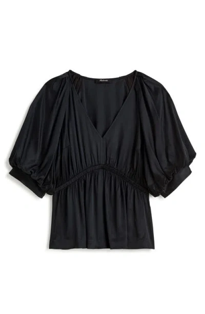 Madewell Shirred Puff Sleeve Satin Top In True Black