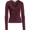 Madewell Shirred V-neck Long Sleeve Top In Burgundy