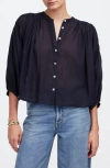 Madewell Shirred Crewneck Button-up Top In Black