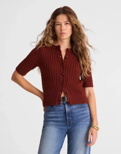 Madewell Short Puff-sleeve Cardigan In Brown