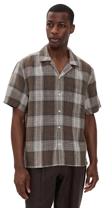 Madewell Short Sleeve Linen Top Plum Heritage Plaid In Brown