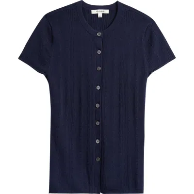 Madewell Short Sleeve Pointelle Cotton Blend Cardigan In Blue