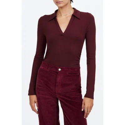 Madewell Side Cinch Long Sleeve Polo Top In Dark Burgundy