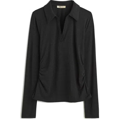 Madewell Side Cinch Long Sleeve Polo Top In Heather Charcoal