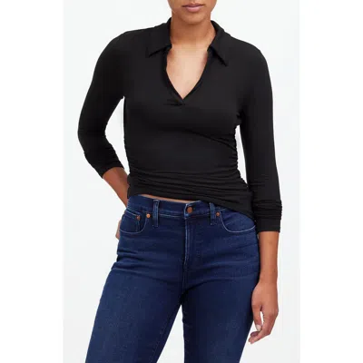 Madewell Side Cinch Long Sleeve Polo Top In Grey