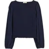 Madewell Smocked Boat Neck Long Sleeve Cotton Top In Blue