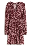 Madewell Smocked Floral Print Long Sleeve Minidress In Bordeaux