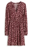 Madewell Smocked Floral Print Long Sleeve Minidress In Bordeaux