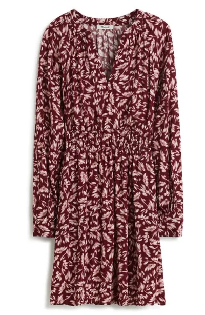 Madewell Smocked Floral Print Long Sleeve Minidress In Bordeaux