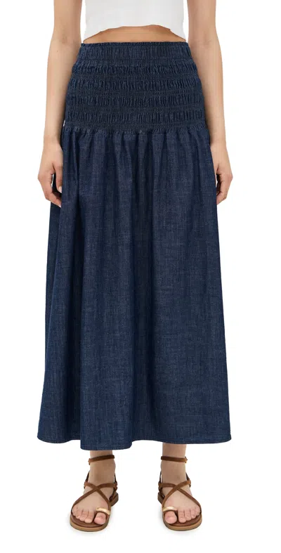 Madewell Smocked Indigo Midi Skirt Rinse Wash