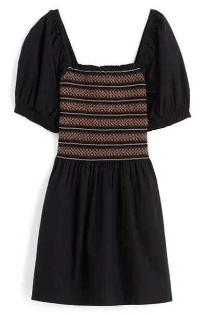 Madewell Smocked Puff Sleeve Minidress In Black