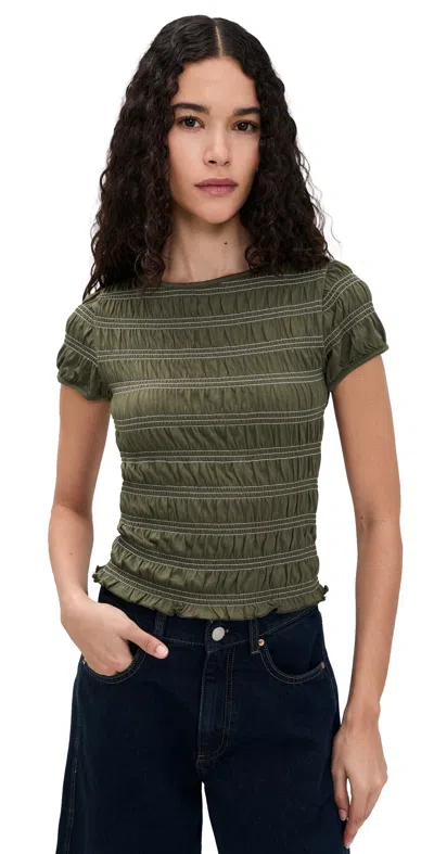 Madewell Smocked Short Sleeve Top Faded Ivy W/ White Stitch In Green