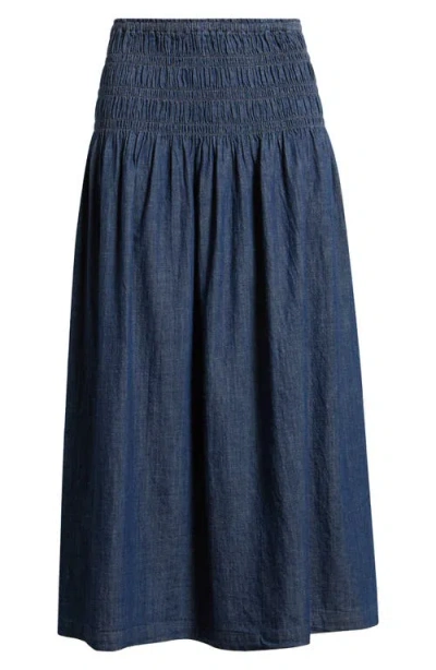 Madewell Smocked Waist Denim Midi Skirt In Blue