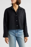 Madewell Straight Hem Crop Linen & Cotton Button-up Shirt In Jet Black
