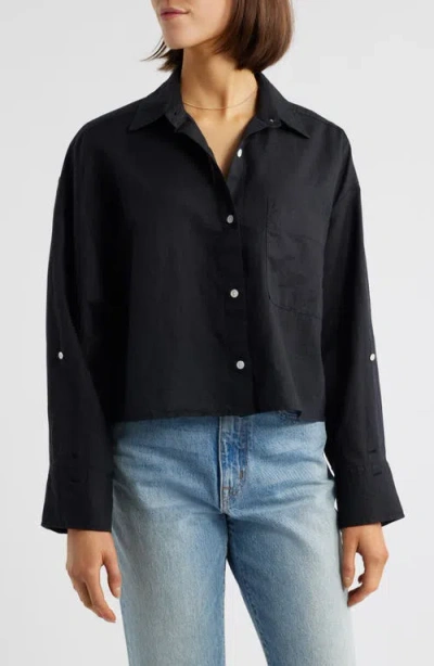 Madewell Straight Hem Crop Linen & Cotton Button-up Shirt In Jet Black